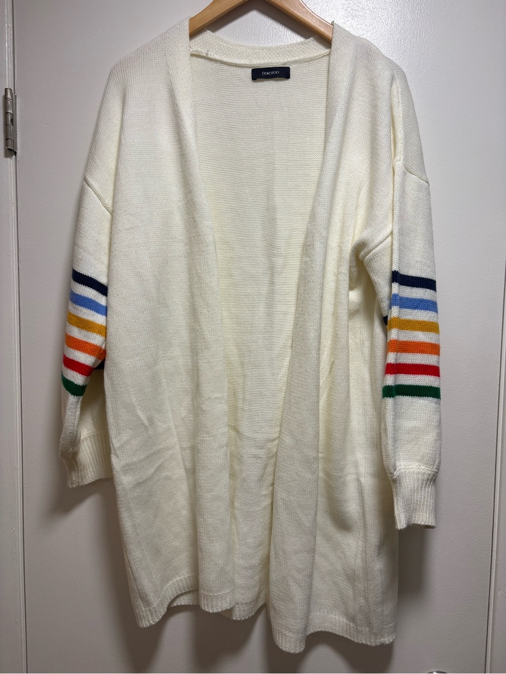 Cream Open-Front Cardigan with Rainbow Stripe Sleeves